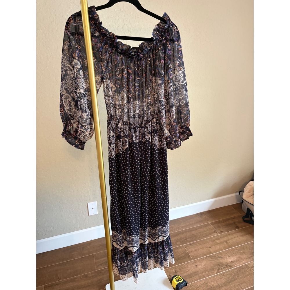 SALONI Mixed Print Off Shoulder Midi‎ Dress Paisley Floral 4 Cottaecore Boho